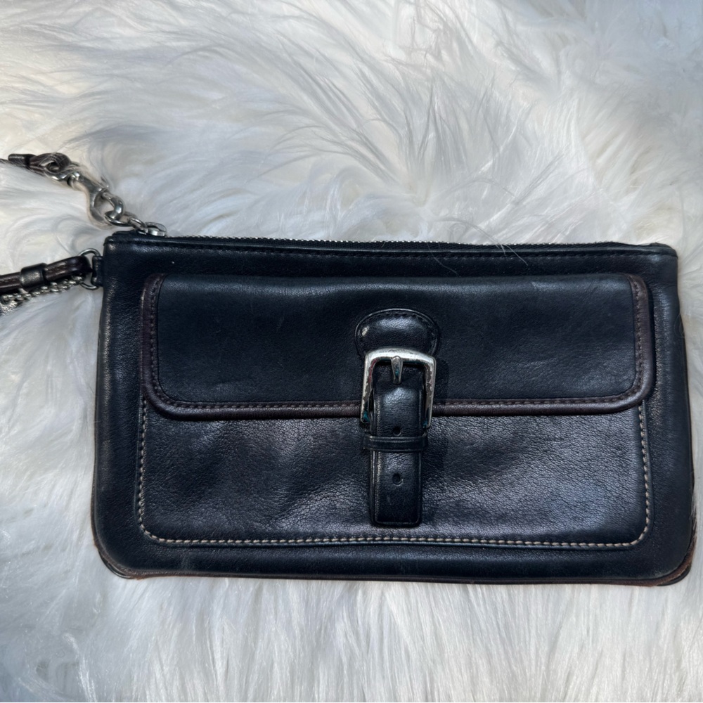 Coach Black Leather Wristlet with Silver Hardware